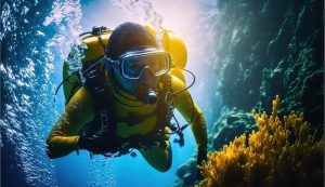 Sub in immersione nella barriera corallina