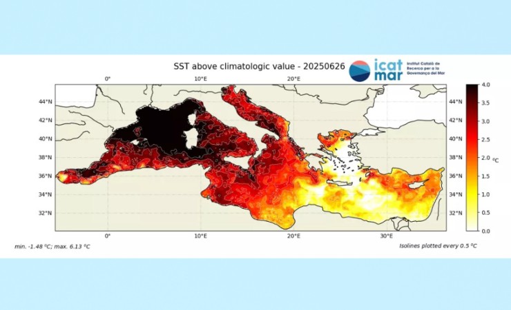 Illustrazione della temperatura superficiale del Mediterraneo (ICATMAR FOTO) - marinecue.it