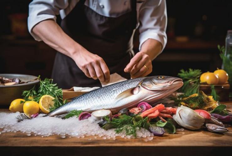 Uomo che cucina pesce
